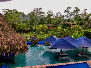 A quiet swimming pool with bar and tales surrounded by forest 